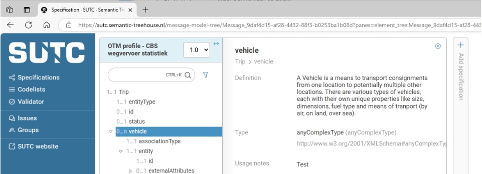 Screenshot van het OTM-profiel voor CBS wegvervoerstatistieken in de SUTC Semantic Treehouse omgeving