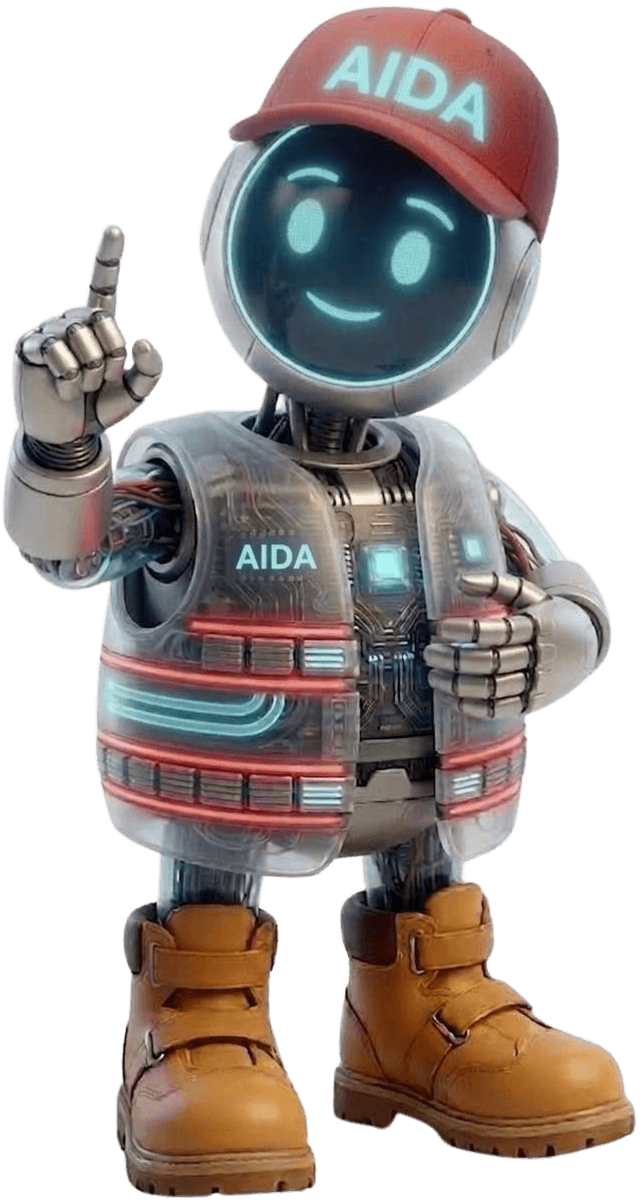 AIDA, het robotmascotte van TANS met rode pet, transparant vest en werkschoenen, wijst met een vinger omhoog