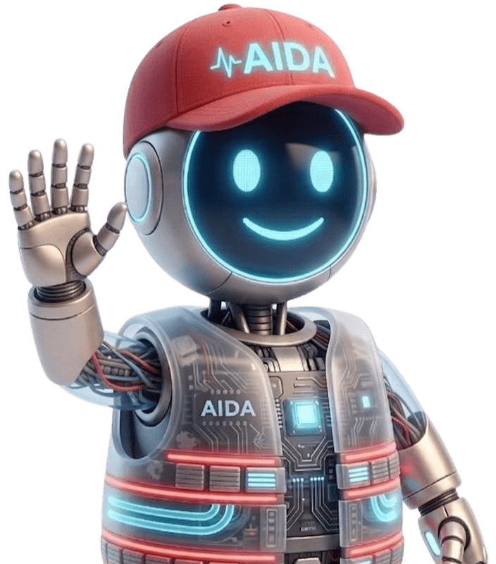 AIDA, de zwaaiende robotassistent van TANS met rode pet en vriendelijk oplichtend gezicht