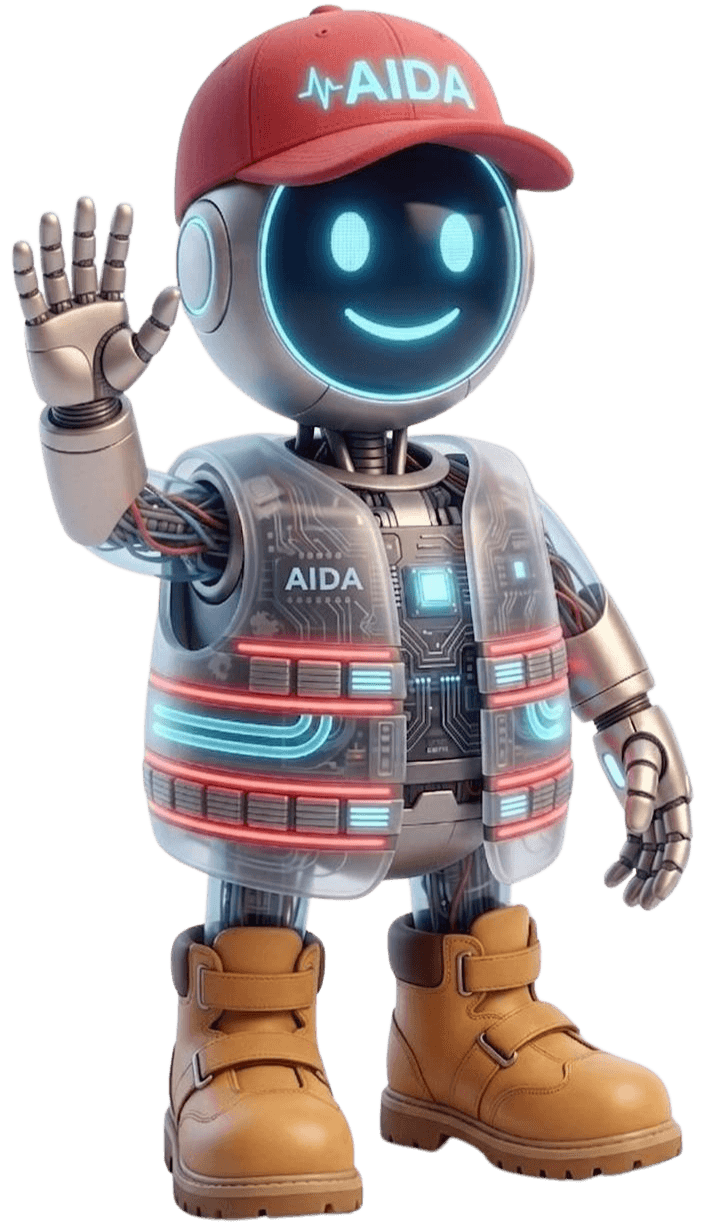 AIDA robotfiguur met rode pet en werkschoenen die vriendelijk zwaait