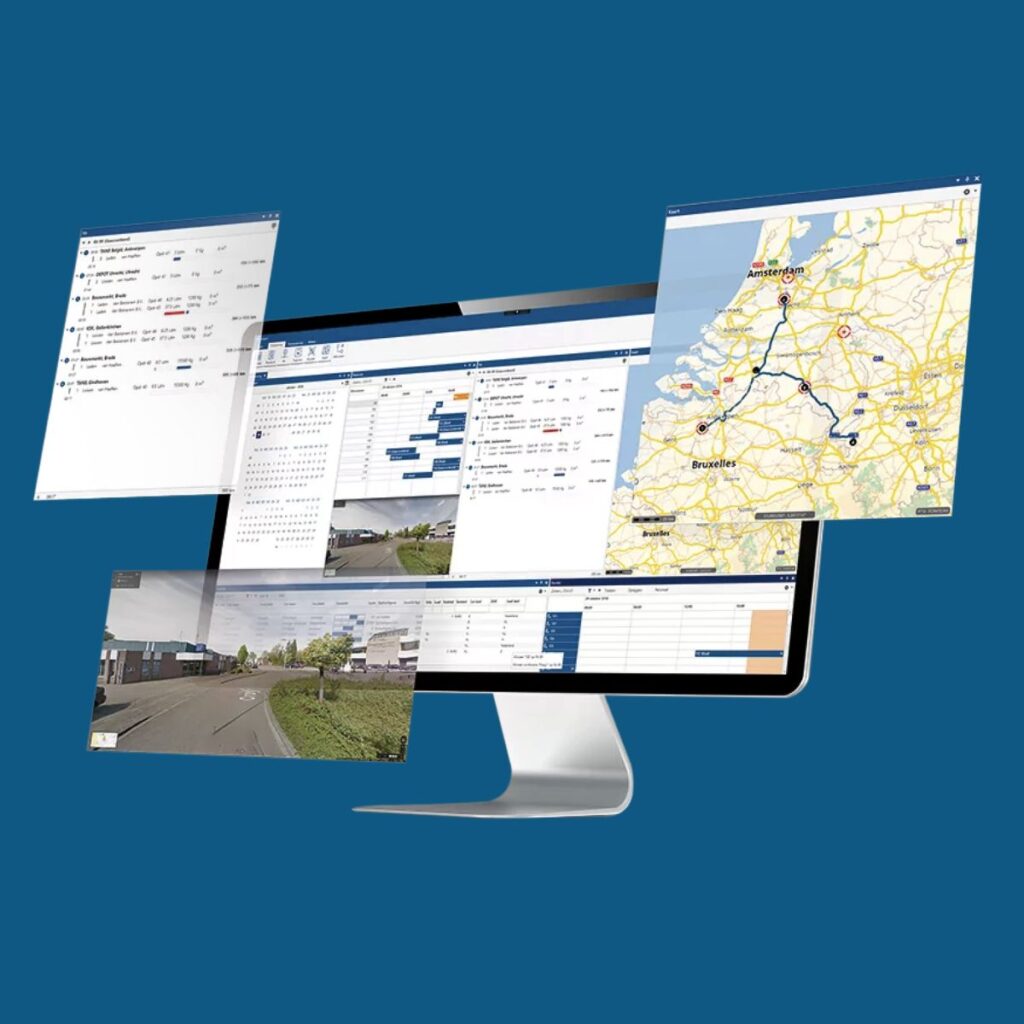 Monitorscherm toont logistieke software met kaart, videobeelden, Gantt-diagram en gegevenstabellen voor routeplanning en