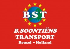 Logo van B. Soonti&euml;ns Transport uit Reusel met de letters BST en Europese sterren op rode achtergrond