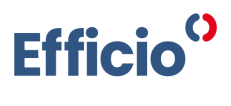 Logo van Efficio, blauw woordmerk met een rood-blauw beeldmerk rechtsboven