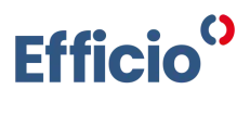 Logo van Efficio, blauw woordmerk met een rood-blauw beeldmerk rechtsboven