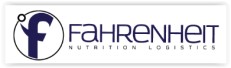 Logo van Fahrenheit Nutrition Logistics: donkerblauw woordmerk met rond f-beeldmerk