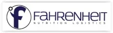 Logo van Fahrenheit Nutrition Logistics: donkerblauw woordmerk met rond f-beeldmerk