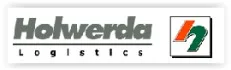 Logo van Holwerda Logistics: grijs woordmerk met gekleurd beeldmerk in een kader
