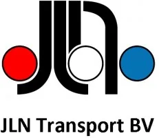 Logo van JLN Transport BV met zwarte letters en rode, witte en blauwe cirkels