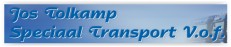 Logo van Jos Tolkamp Speciaal Transport V.O.F. in blauwe sierletters op een lichtblauwe achtergrond
