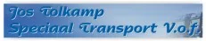 Logo van Jos Tolkamp Speciaal Transport V.O.F. in blauwe sierletters op een lichtblauwe achtergrond