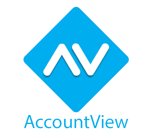 Logo van AccountView: blauwe ruit met witte AV-letters en de naam AccountView eronder