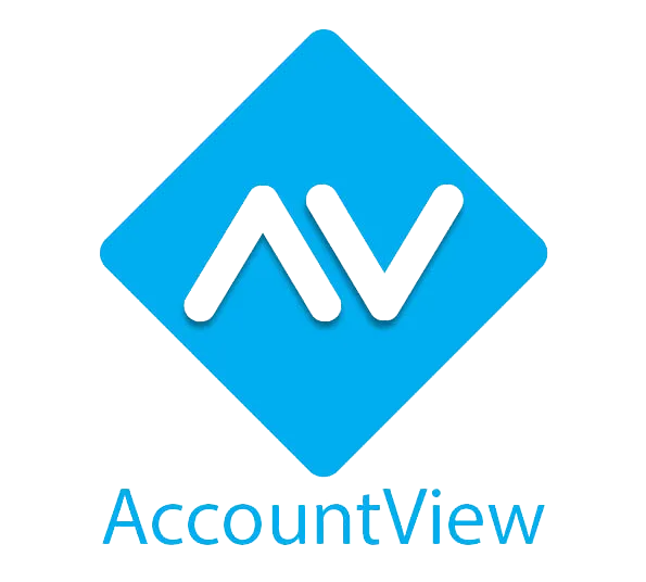 Logo van AccountView: blauwe ruit met witte AV-letters en de naam AccountView eronder