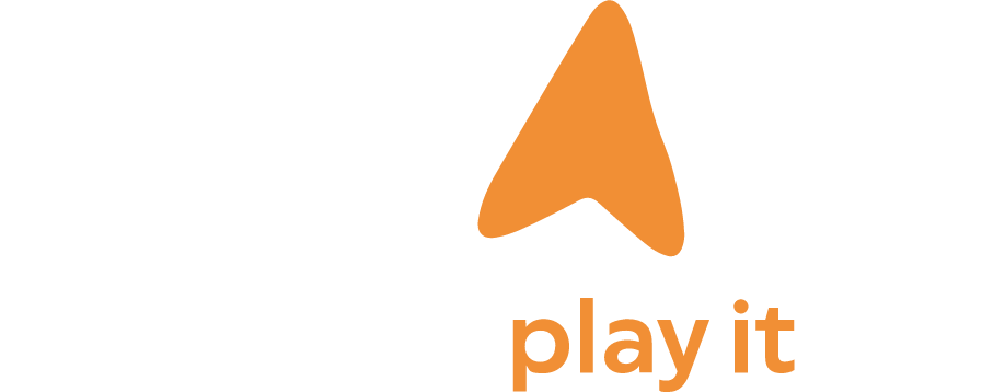 Logo van IMPACT in wit met oranje pijl en de tekst play it