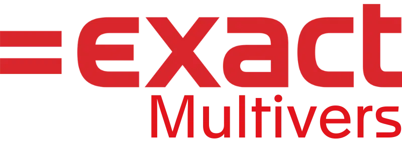 Exact Multivers logo met rode letters en blokletters