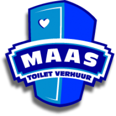 Logo van Maas Toilet Verhuur, een blauw schildvormig embleem met een toiletdeur met hartje