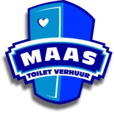 Logo van Maas Toilet Verhuur, een blauw schildvormig embleem met een toiletdeur met hartje