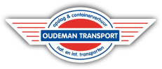Logo van Oudeman Transport met rode en blauwe vleugels en de tekst opslag en containerverhuur