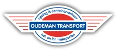 Logo van Oudeman Transport met rode en blauwe vleugels en de tekst opslag en containerverhuur