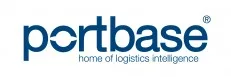 Logo van Portbase, donkerblauw woordmerk met de tagline home of logistics intelligence