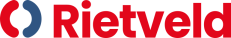 Logo van Rietveld, rode letters met een rood-blauw beeldmerk