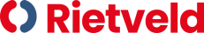 Logo van Rietveld, rode letters met een rood-blauw beeldmerk