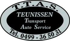 Logo van T.T.A.S. Teunissen Transport Auto Service met telefoonnummer in een ovaal