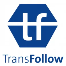 Logo van TransFollow, blauwe zeshoek met de letters tf