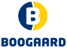 Logo van Van den Boogaard: donkerblauw woordmerk Boogaard met een B in een blauw-geel rond beeldmerk