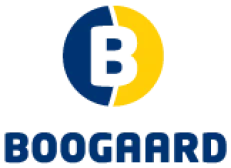 Logo van Van den Boogaard: donkerblauw woordmerk Boogaard met een B in een blauw-geel rond beeldmerk