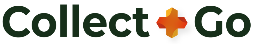 Logo van Collect+Go in donkergroene letters met een oranje plusteken