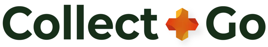 Logo van Collect+Go in donkergroene letters met een oranje plusteken