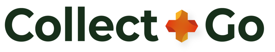 Logo van Collect+Go in donkergroene letters met een oranje plusteken