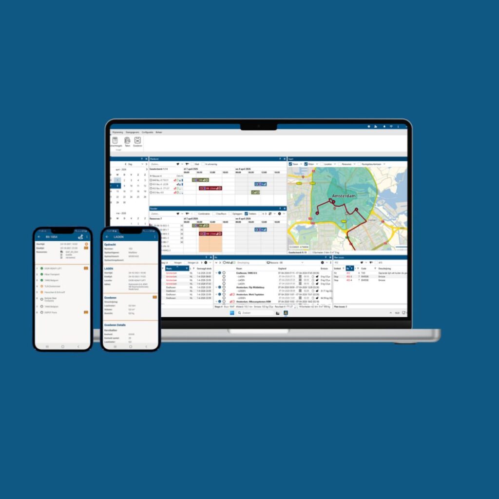 TANS-platform op laptop en twee smartphones, met kaartweergave van Amsterdam, data-dashboards en takenlijsten