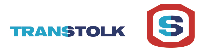 Logo van Transtolk, blauwe letters met daarnaast een rood schildvormig beeldmerk met een blauwe S