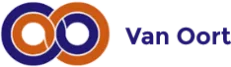 Logo van Van Oort met twee verstrengelde ringen in blauw en oranje