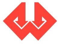 TANS logo met rood en wit geometrisch ontwerp van twee pijlen naar beneden