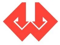 TANS logo met rood en wit geometrisch ontwerp van twee pijlen naar beneden